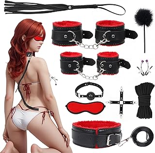9-Pieces Adult BDSM Kit with Handcuffs Ball Whip Kit Bondage Set Couple Sex Toys