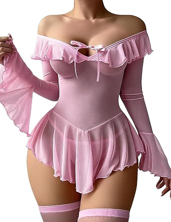 Avidlove Sexy Lingerie Babydoll Rave Ruffle Dress Outfits For Women XS-3XL | Off Shoulder Lingerie, Long Sleeve Lingerie Dress, Mesh Nightgowns, 2 Piece Set, Lingerie Dress Top with Thong, Rave Outfits