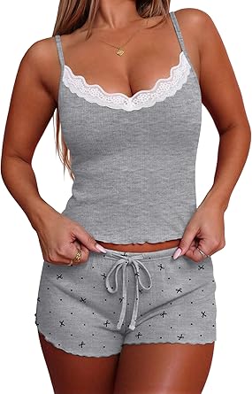 Ekouaer Women's Pajama Sets 2 Piece Sexy Lingerie Sleepwear with Pockets Lightweight Lace Cami Shorts Adjustable Straps Pjs