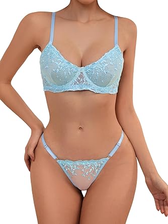 Lilosy Women's Sexy Lingerie Set 2 Piece Bra Panty 3XS-4XL | Floral embroidered,plus size,sheer lace mesh,push up,see through,cross thong,Valentine's/honeymoon/boudoir,hand wash.