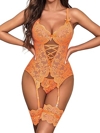 Donnalla Women Sexy Lingerie Set with Garter Belt Lace Bodysuit Teddy with Panty